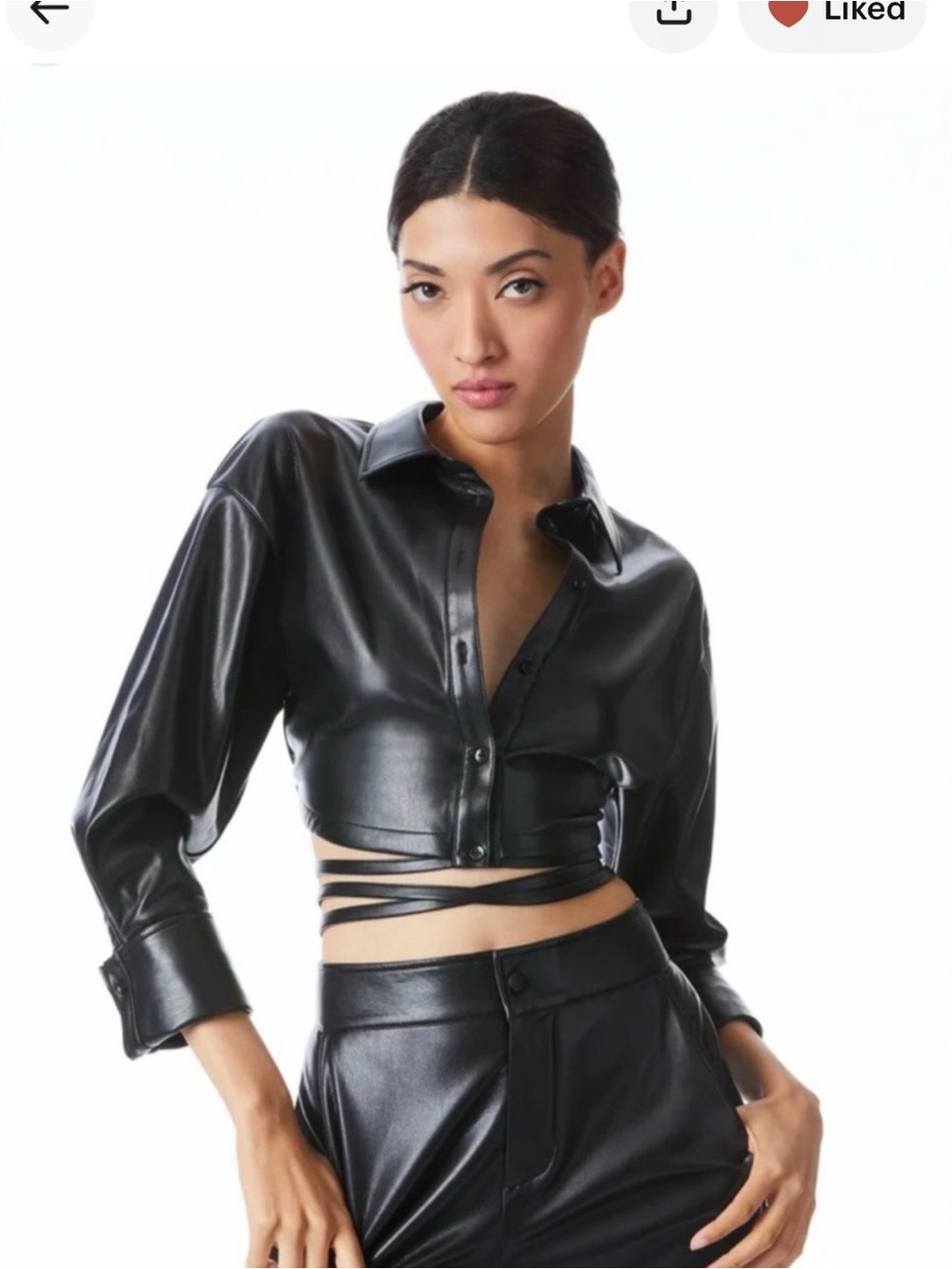 Alice + Olivia Black Cropped Faux Leather Button-Down Shirt